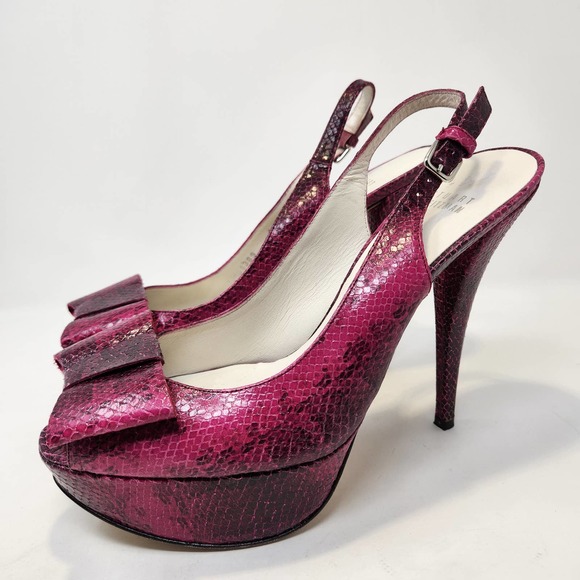 Stuart Weitzman Vevey Pink Leather Snake Print Stiletto Heels 10 M Slingback Bow - Picture 4 of 10